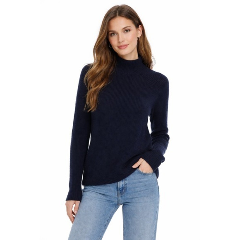 360 Cashmere Navy Blue Mock Neck Ribbed Knit 100% Cashmere Sweater Womens Small